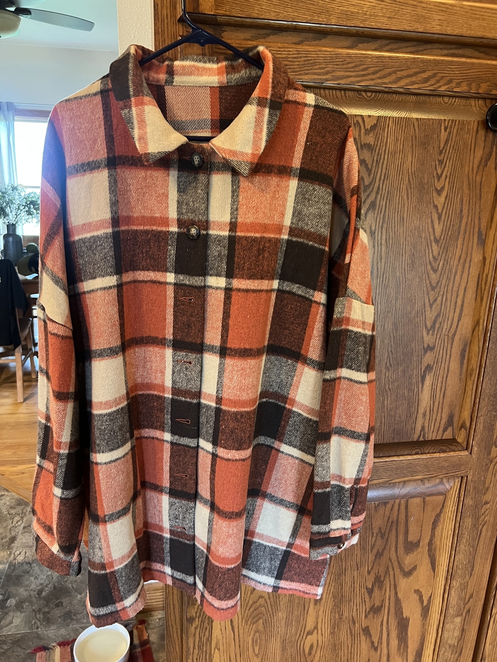 Womens Red/Orange Plaid Button-Up Shacket